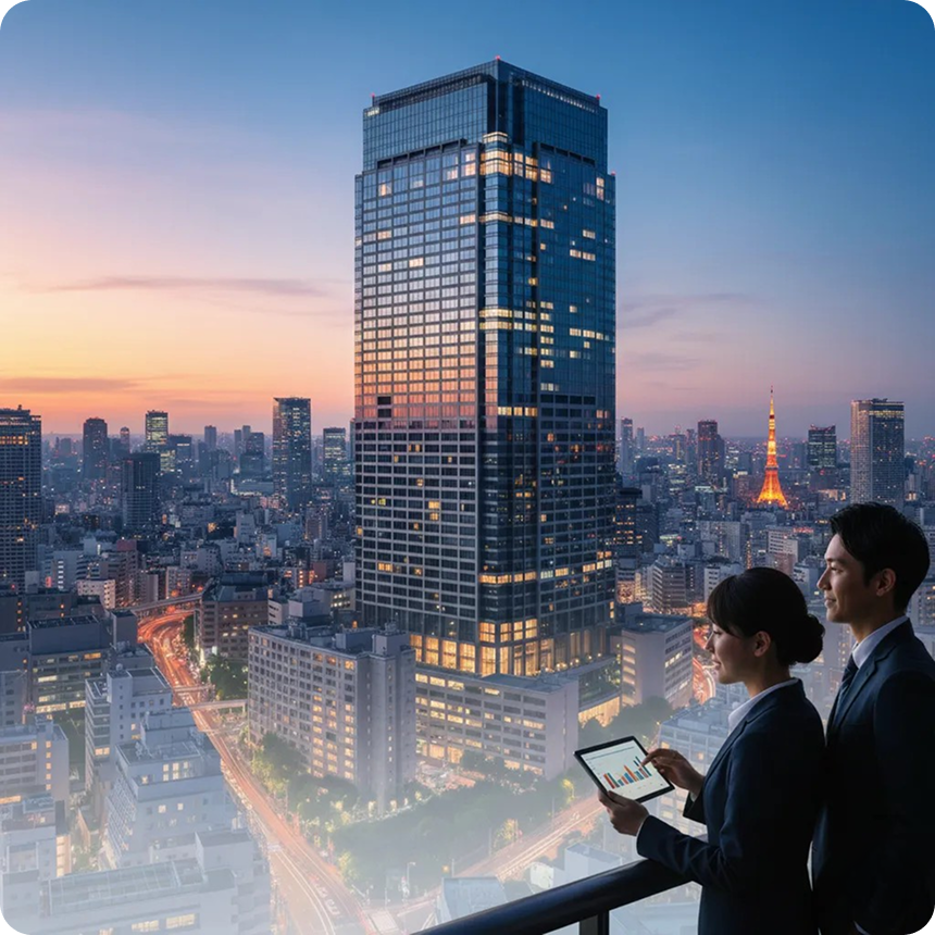 ベランダから都心のビルを見ている男女